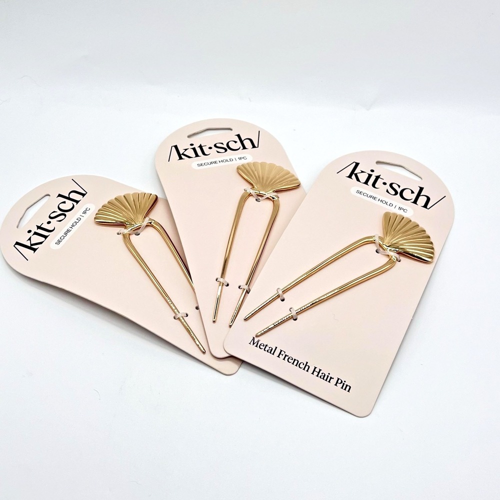 Kitsch French Hair Pin Gold Tone Metal Clam Shell Hair Accessory Lot of 3